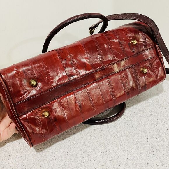 Vintage Red Eel Skin Leather Double Handle Satchel & Shoulderbag Purse Korea - Picture 7 of 12